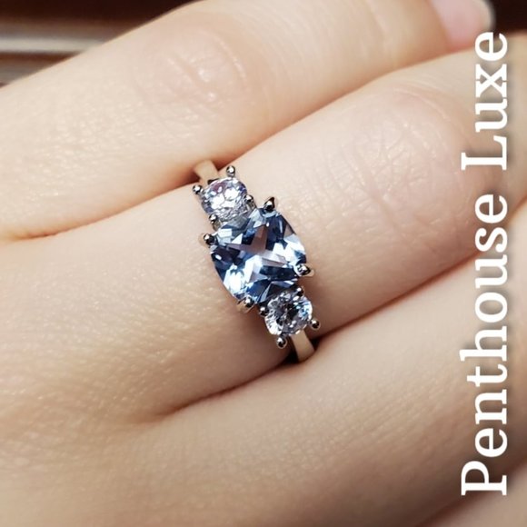 SOLID 925 Sterling Silver Aquamarine & White Topaz Ring - Picture 4 of 6